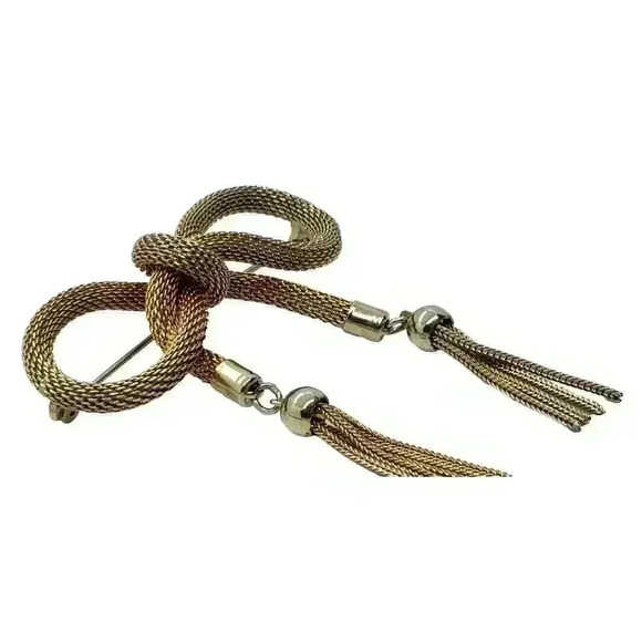 Vintage Gold Mesh Bow Brooch Tassle Waterfall 3D Pin Rolled Gold - Picture 3 of 7